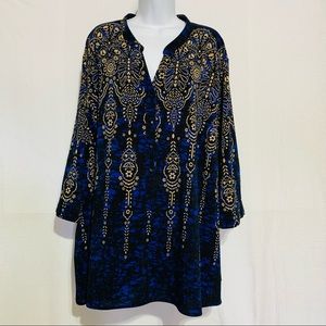 Catherine’s 3X women’s blouse 1/2 button front blue and gold